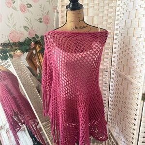 Vintage Magenta Knit Fringe Poncho